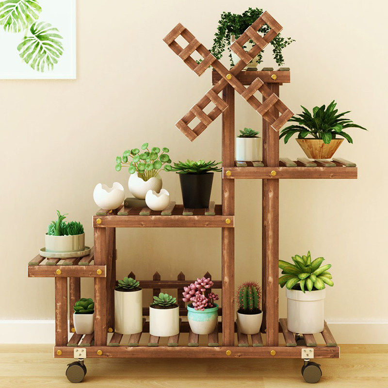 Outdoor Furniture Balcony - Balcony multi-layer plant stand solid wood