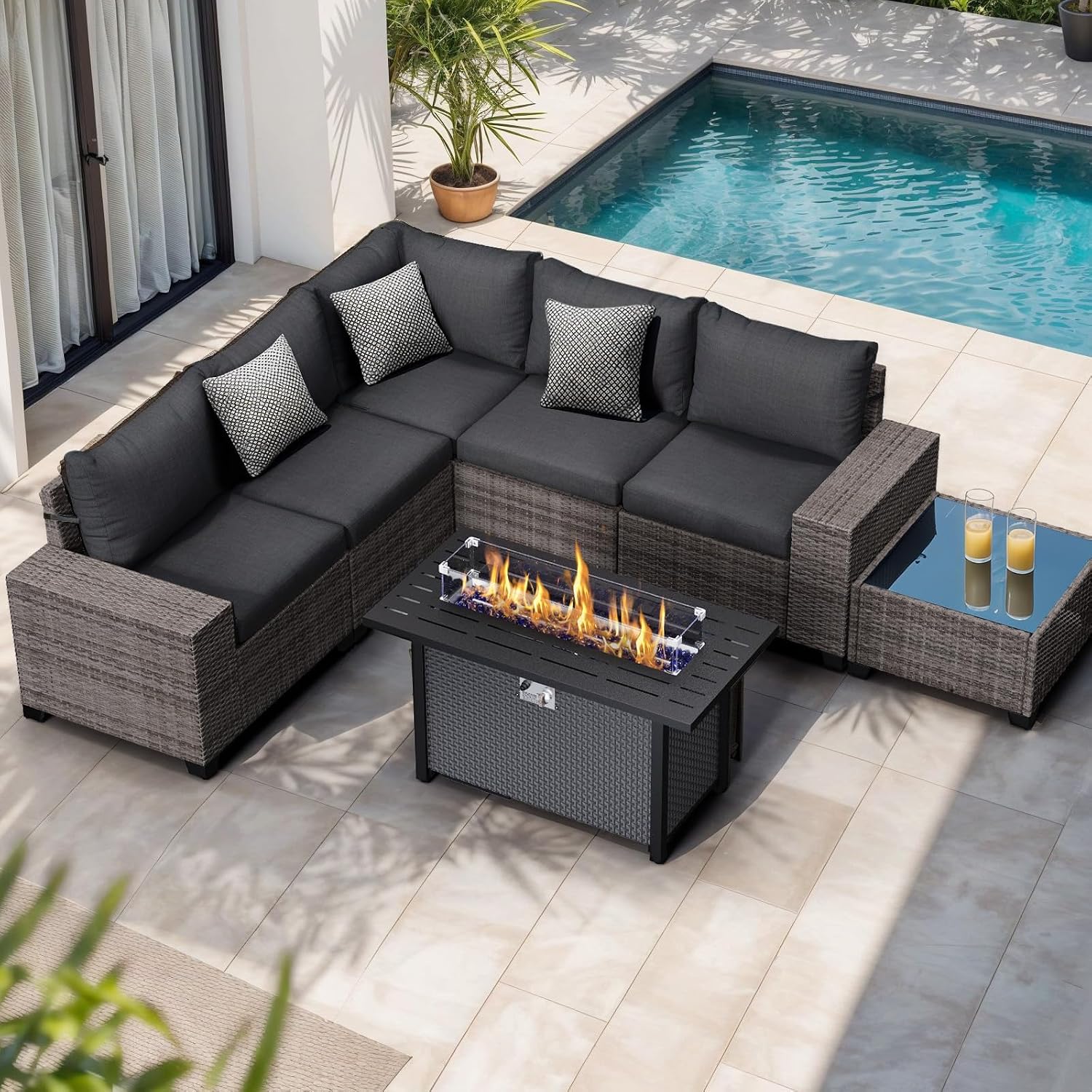 Outdoor Furniture With Fire Pit Table - 7 Pieces Outdoor Patio Furniture Set