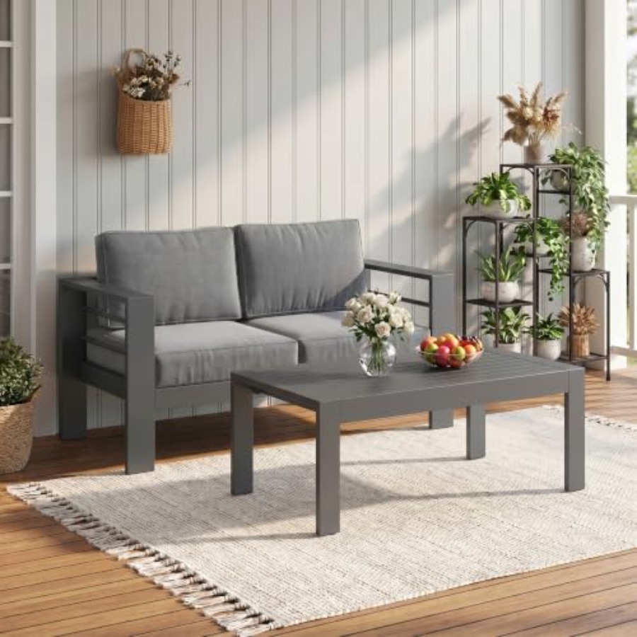 Outdoor Furniture Loveseat - Aluminum Outdoor Loveseat with Coffee Table,
