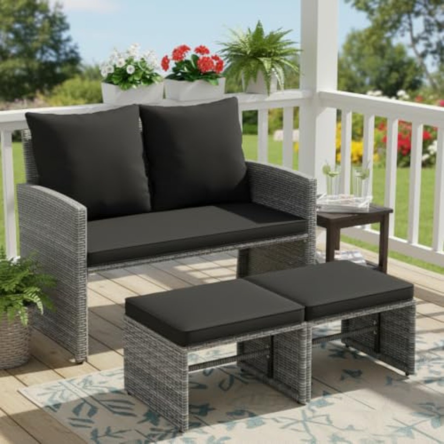 Outdoor Furniture Loveseat - Outdoor Loveseat with 2 Ottomans, 3