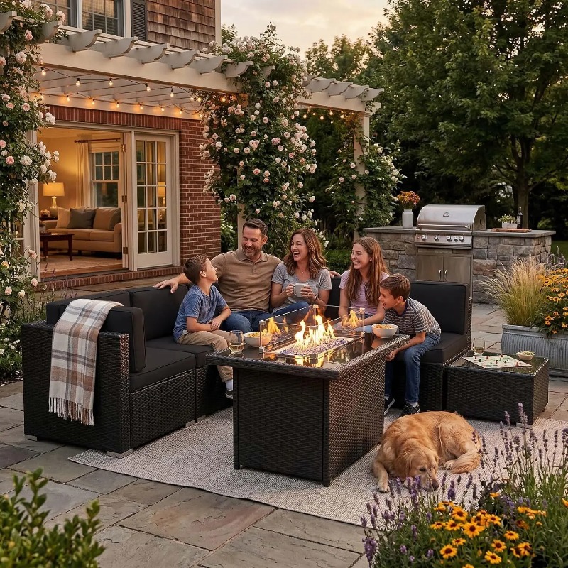 8-Piece Patio Wicker Sectional - Outdoor Furniture With Fire Pit Table ulasan dan harga