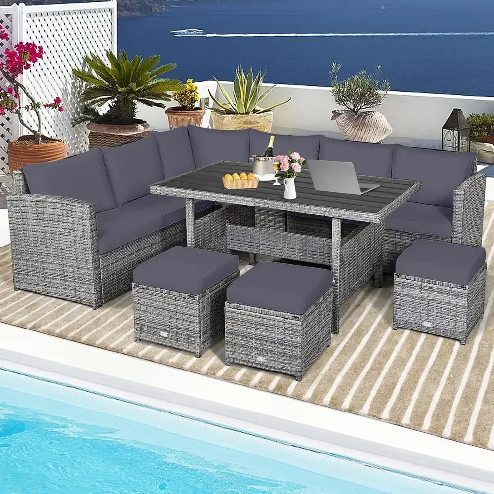 Grey 7-Piece Rattan Patio Furn - Outdoor Furniture Balcony ulasan dan harga